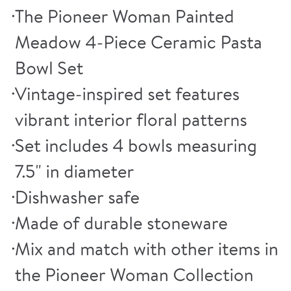 2024 ❤️ New Pioneer Woman Painted Meadow Ceramic 4-Piece Pasta Bowl Set - Picture 8 of 9